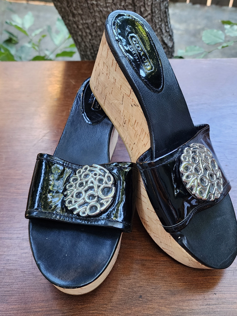 COACH Judith Black Patent Cork Wedge Slide Sandals 8B
